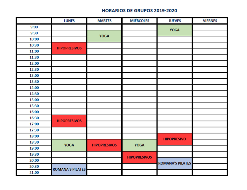 HORARIOS DE CLASES COLECTIVAS PILATES HIPOPRESIVOS YOGA HORARIOS DE CLASES COLECTIVAS PILATES HIPOPRESIVOS YOGA